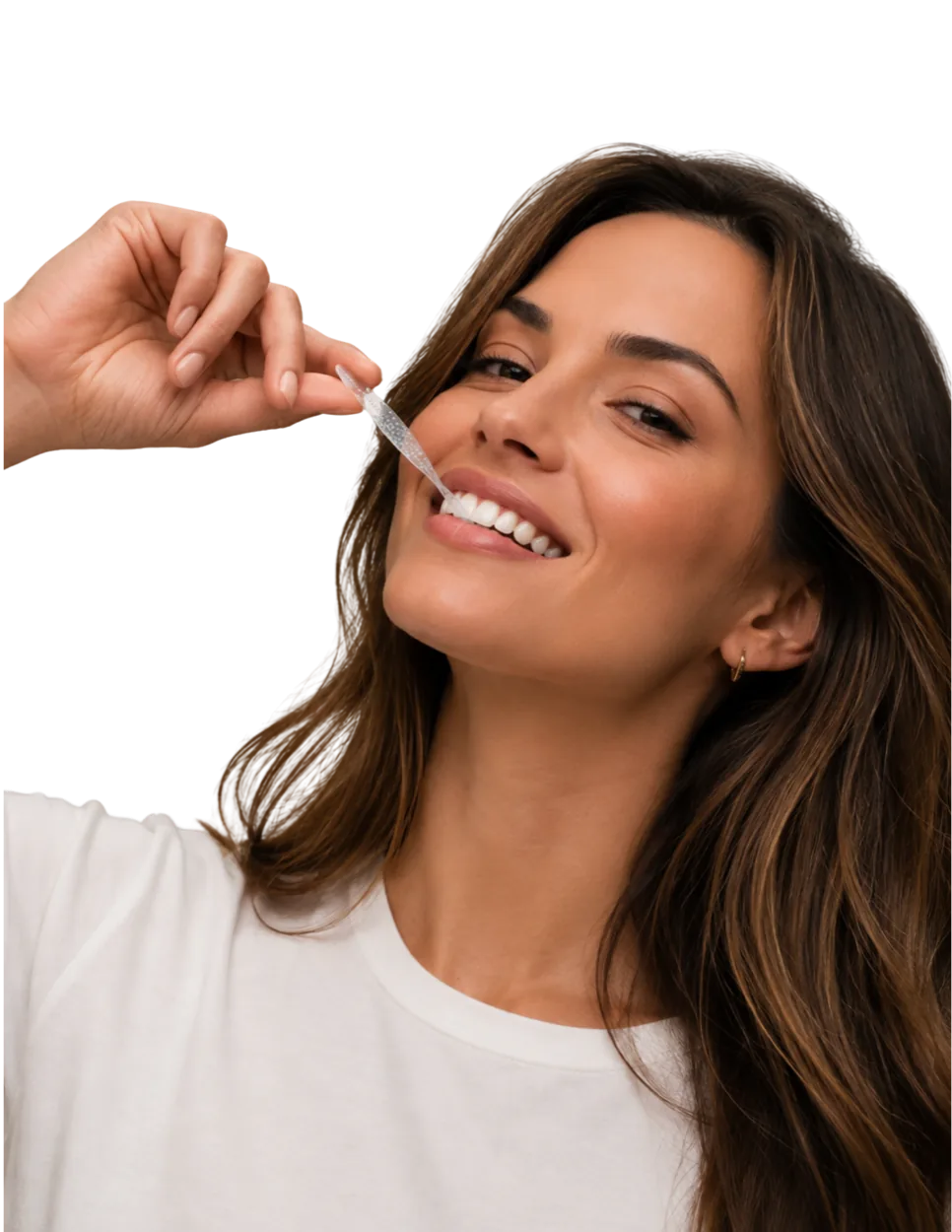 A woman holding a DermaStrip to her smile